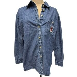 Mountain Lake Denim Shirt Womens M Snowman Embroidered Long Sleeve Button Up